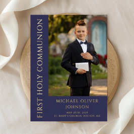 Modern Navy Blue Boy Foto Erste Heilige Kommune Folieneinladung
