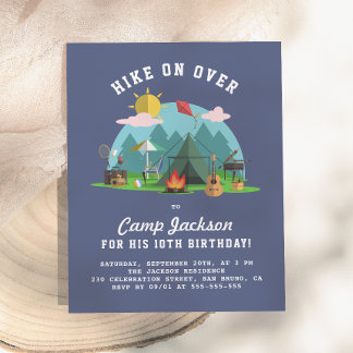 Modern Navy Blue Camping Birthday Party Einladungspostkarte