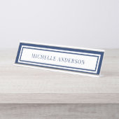 Modern Navy Blue Chic Double Boarder Elegant Schreibtischnamensplakette (Vorderseite )