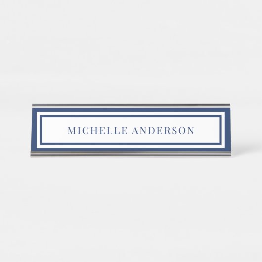 Modern Navy Blue Chic Double Boarder Elegant Schreibtischnamensplakette (Vorderseite )