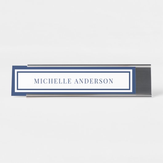 Modern Navy Blue Chic Double Boarder Elegant Schreibtischnamensplakette (Vorderseite )