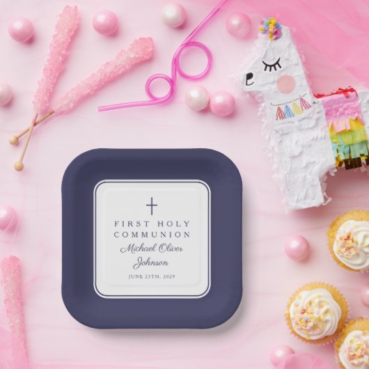 Modern Navy Blue Cross Boy First Communion Pappteller (Party)