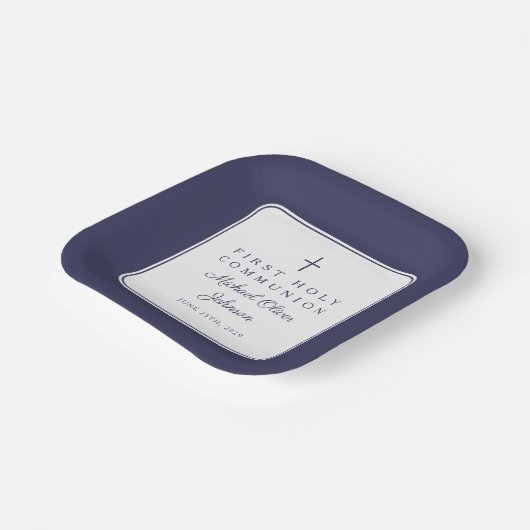 Modern Navy Blue Cross Boy First Communion Pappteller (Gewinkelt)