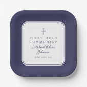 Modern Navy Blue Cross Boy First Communion Pappteller (Vorderseite)