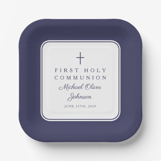 Modern Navy Blue Cross Boy First Communion Pappteller (Vorderseite)