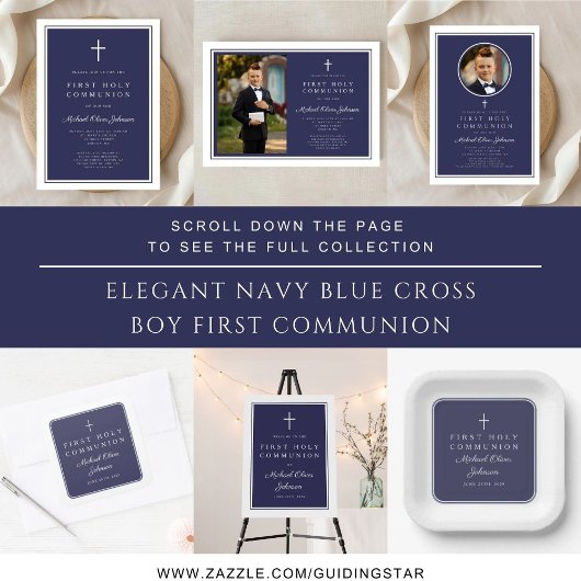Modern Navy Blue Cross Boy First Communion Pappteller