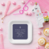 Modern Navy Blue Cross Boy First Communion Pappteller (Party)