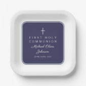 Modern Navy Blue Cross Boy First Communion Pappteller (Vorderseite)