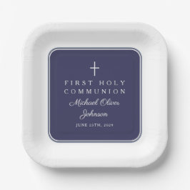 Modern Navy Blue Cross Boy First Communion Pappteller