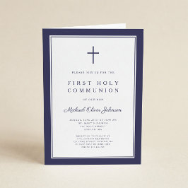 Modern Navy Blue Cross Boy First Holy Communion Einladung
