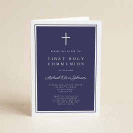 Modern Navy Blue Cross Boy First Holy Communion Einladung