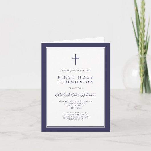 Modern Navy Blue Cross Boy First Holy Communion Einladung (Vorderseite)