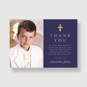 Modern Navy Blue Cross Boy Foto Erste Kommune Dankeskarte