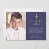 Modern Navy Blue Cross Boy Foto Erste Kommune Dankeskarte (Vorderseite)