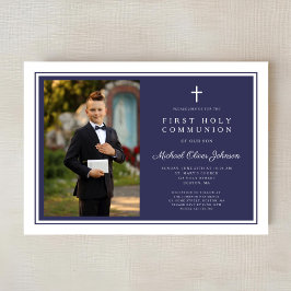 Modern Navy Blue Cross Boy Photo First Communion Einladung