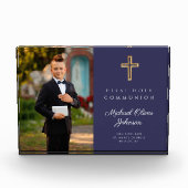 Modern Navy Blue First Heilige Kommunion Boy Pictu Fotoblock (Vorderseite)