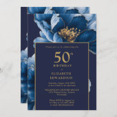 Modern Navy Blue Floral Elegant Birthday Einladung (Vorne/Hinten)