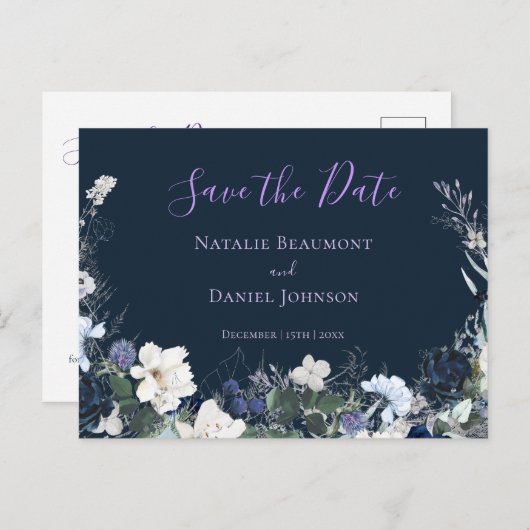 Modern Navy Blue Floral Save the Date Ankündigungspostkarte (Vorne/Hinten)