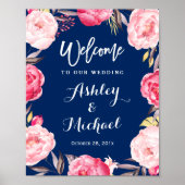 Modern Navy Blue Floral Wreath Wedding Sign Poster (Vorne)