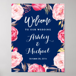 Modern Navy Blue Floral Wreath Wedding Sign Poster
