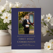Modern Navy Blue Foto Junge Erste Kommune Gold Folieneinladung