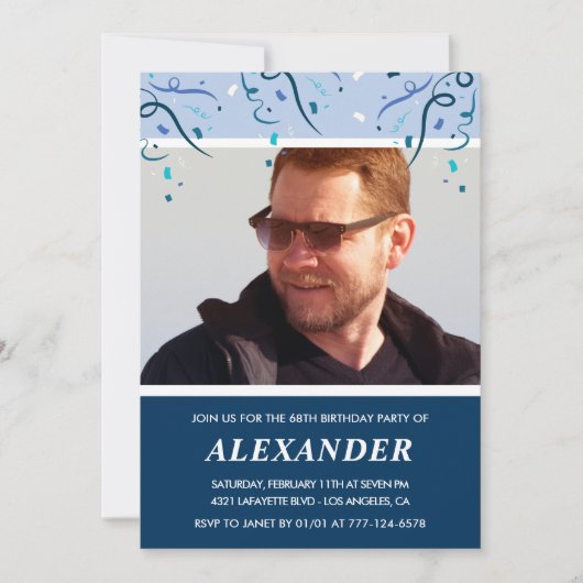 Modern Navy Blue Foto Man 68. Geburtstag Einladung (Vorderseite)