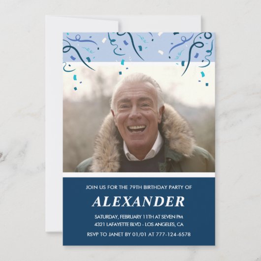 Modern Navy Blue Foto Man 79. Geburtstag Einladung (Vorderseite)