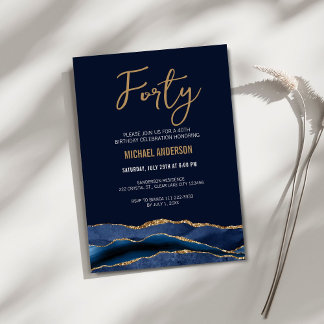 Modern Navy Blue Gold Agate 40. Geburtstag Party Einladung