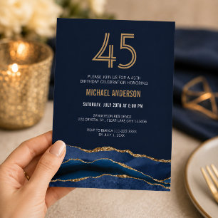 Modern Navy Blue Gold Agate 45. Geburtstagsparty Einladung