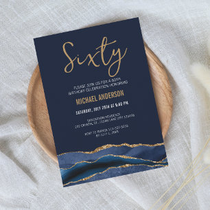 Modern Navy Blue Gold Agate 60. Geburtstagsparty Einladung