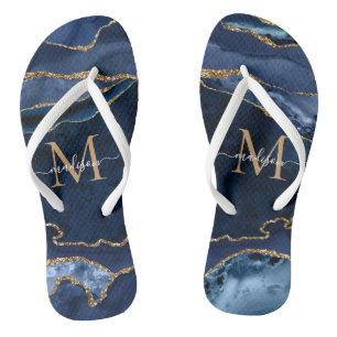 Modern Navy Blue Gold Agate Geode Girl Monogram Badesandalen