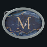 Modern Navy Blue Gold Agate Geode Girl Monogram Ovale Gürtelschnalle<br><div class="desc">Modern Glam Navy Blue Gold Glitzer Sparkle Agate Geode Gemstone Eleganine Feminine Monogram Script Name Gelt Buckle</div>