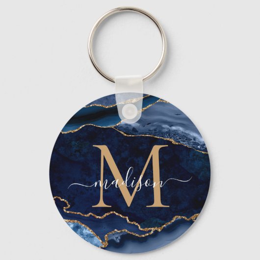 Modern Navy Blue Gold Agate Geode Girl Monogram Schlüsselanhänger (Vorderseite)