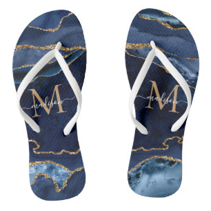Modern Navy Blue Gold Agate Geode Girl Monogramm Badesandalen