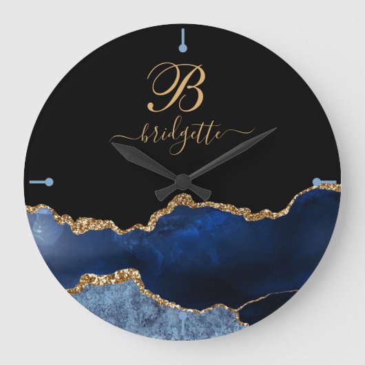 Modern Navy Blue Gold Agate Geode Monogram Large C Große Wanduhr (Vorderseite)