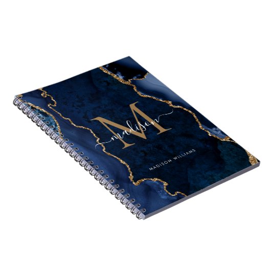 Modern Navy Blue Gold Agate Geode Monogramm Notizblock (Rechte Seite)