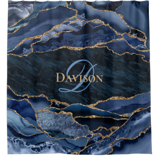 Modern Navy Blue Gold Agate Monogram Duschvorhang (Vorderseite)