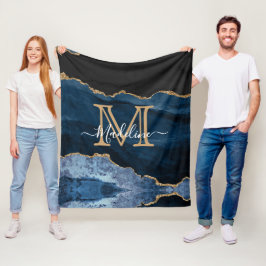 Modern Navy Blue Gold Black Monogram Script Fleecedecke