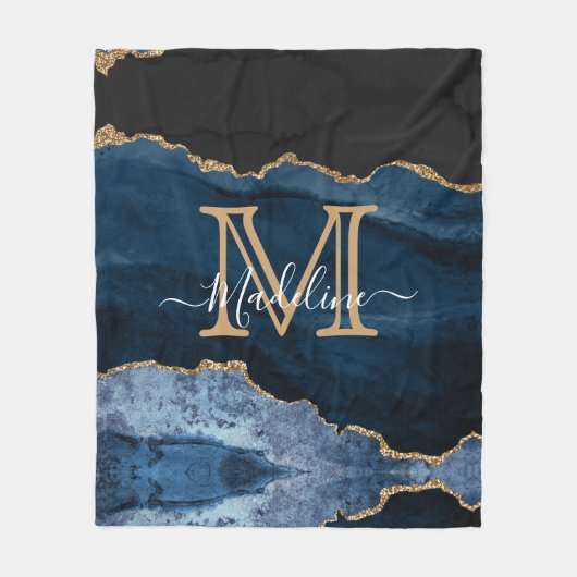Modern Navy Blue Gold Black Monogram Script Fleecedecke (Vorderseite)