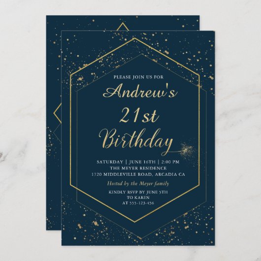 Modern Navy Blue Gold Geometric Birthday Einladung (Vorne/Hinten)