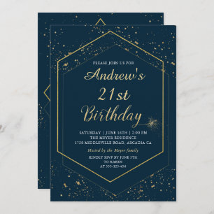 Modern Navy Blue Gold Geometric Birthday Einladung