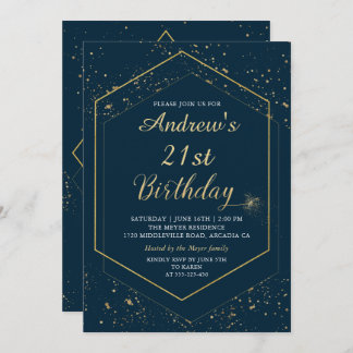 Modern Navy Blue Gold Geometric Birthday Einladung