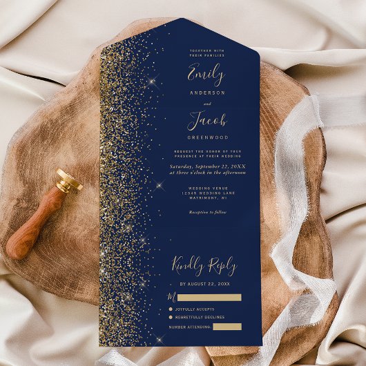 Modern Navy Blue Gold Glitter Wedding All In One Einladung