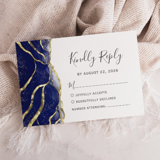 Modern Navy Blue Gold Ink Wedding RSVP Karte