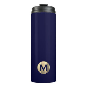 Modern Navy Blue Gold Monogram Thermosbecher