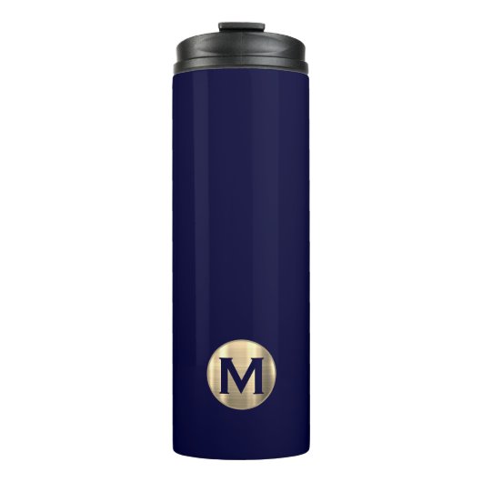 Modern Navy Blue Gold Monogram Thermosbecher (Vorderseite)