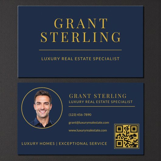 Modern Navy Blue Gold Real Estate Agent QR Code Visitenkarte
