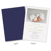 Modern Navy Blue Gold Script Foto Boy Taufe Folieneinladung