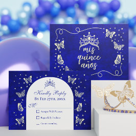 Modern Navy Blue Gold Tiara Butterfly Quinceañera RSVP Karte