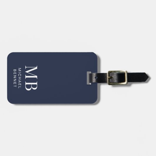 Modern Navy Blue Monogram Gepäckanhänger (Vorderseite horizontal)